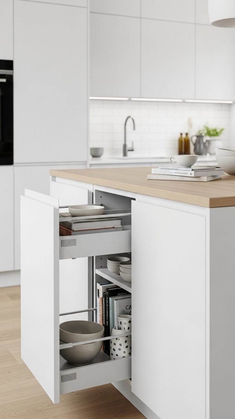 Scandi kitchen island with integrated storage drawers and pull-out shelves in minimalist white and wood design