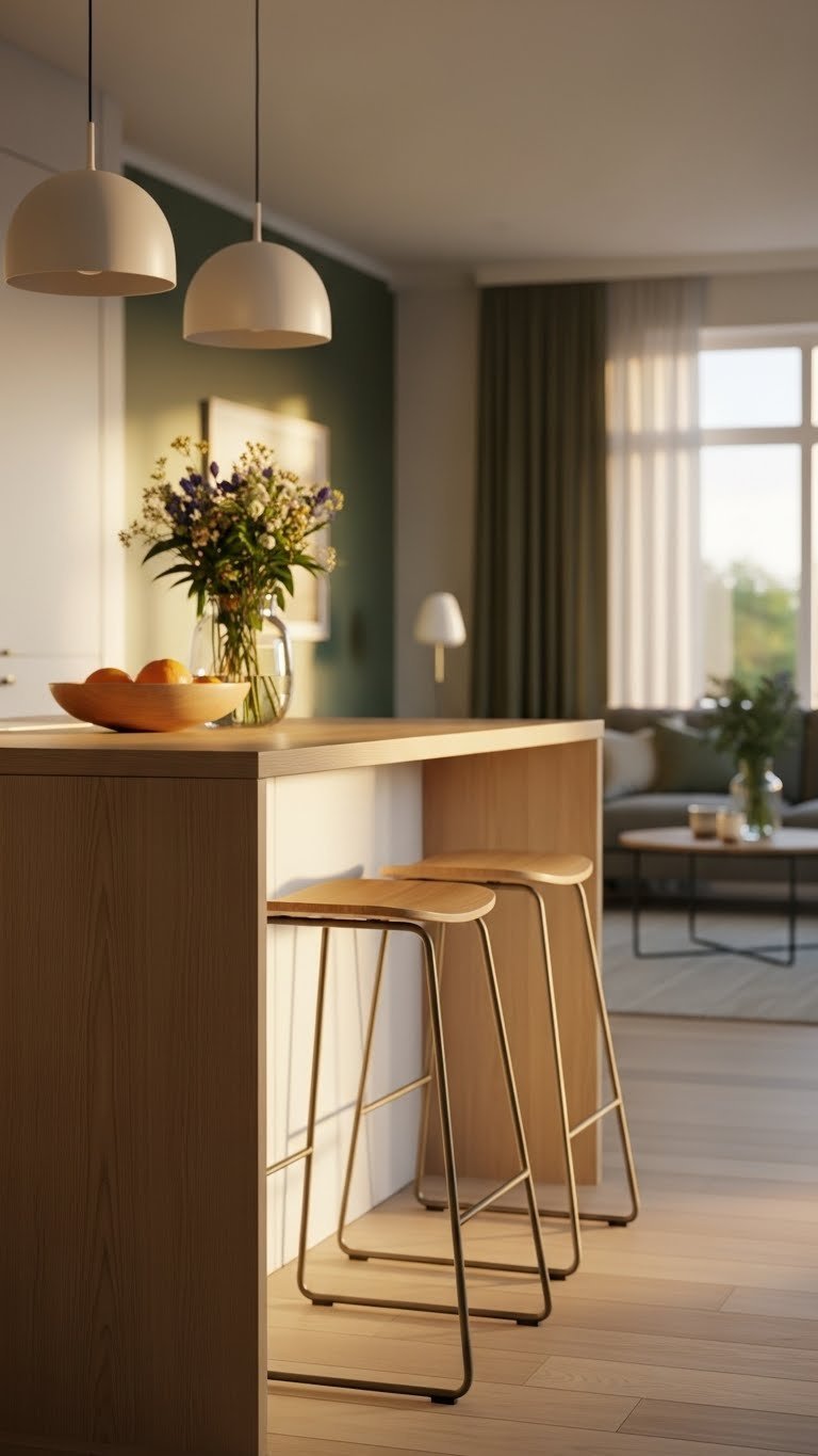 Scandi kitchen island with light wooden bar stools tucked underneath for minimalist seating arrangement