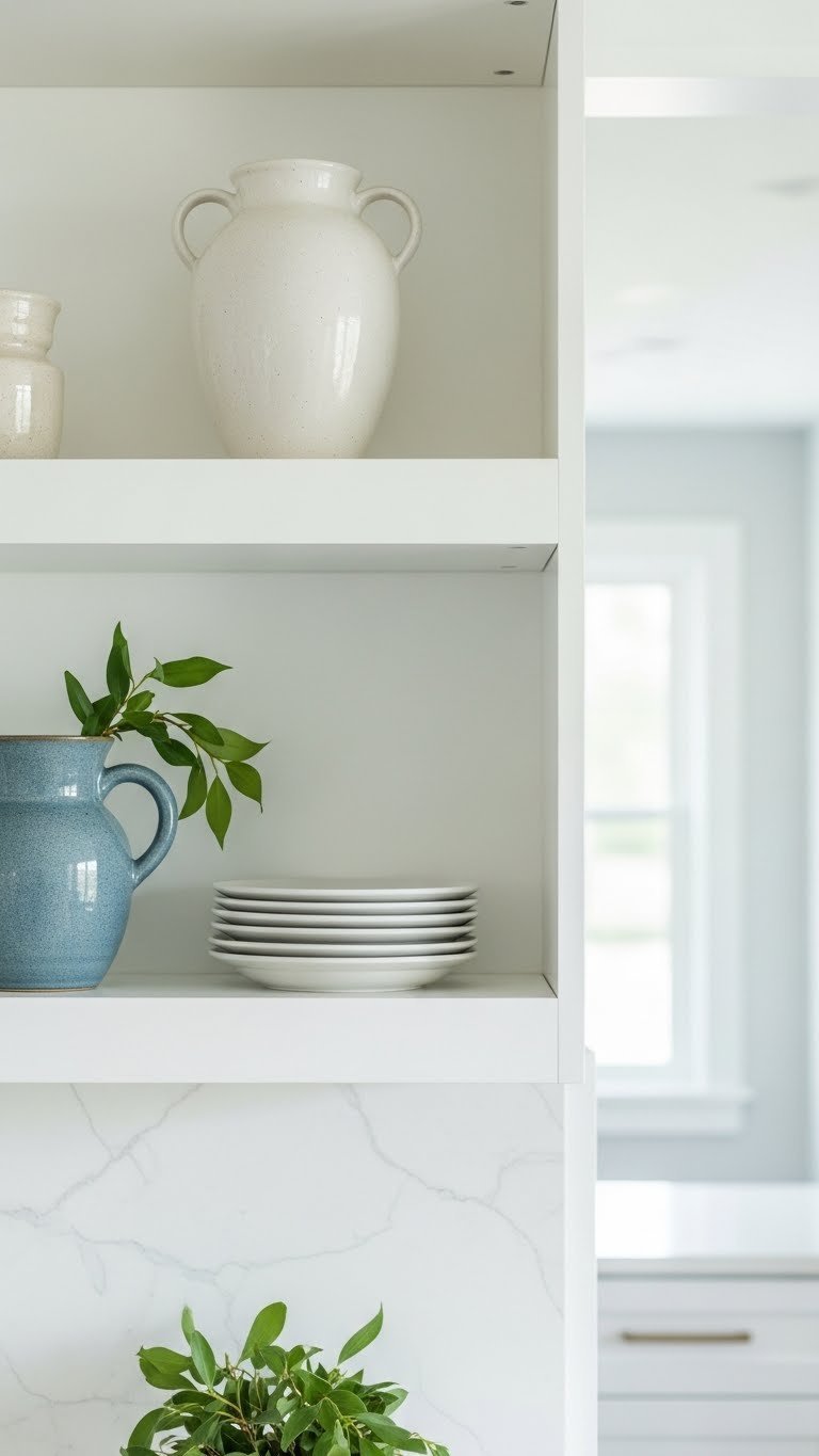 Scandi kitchen shelves showcasing negative space with sculptural ceramic vase and white plates in minimalist arrangement