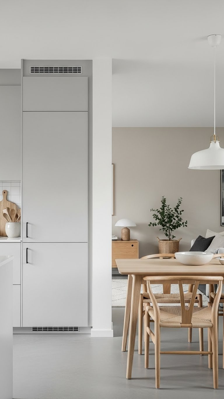 Scandi open plan living space with seamless transition between grey kitchen, white dining area, and beige living room