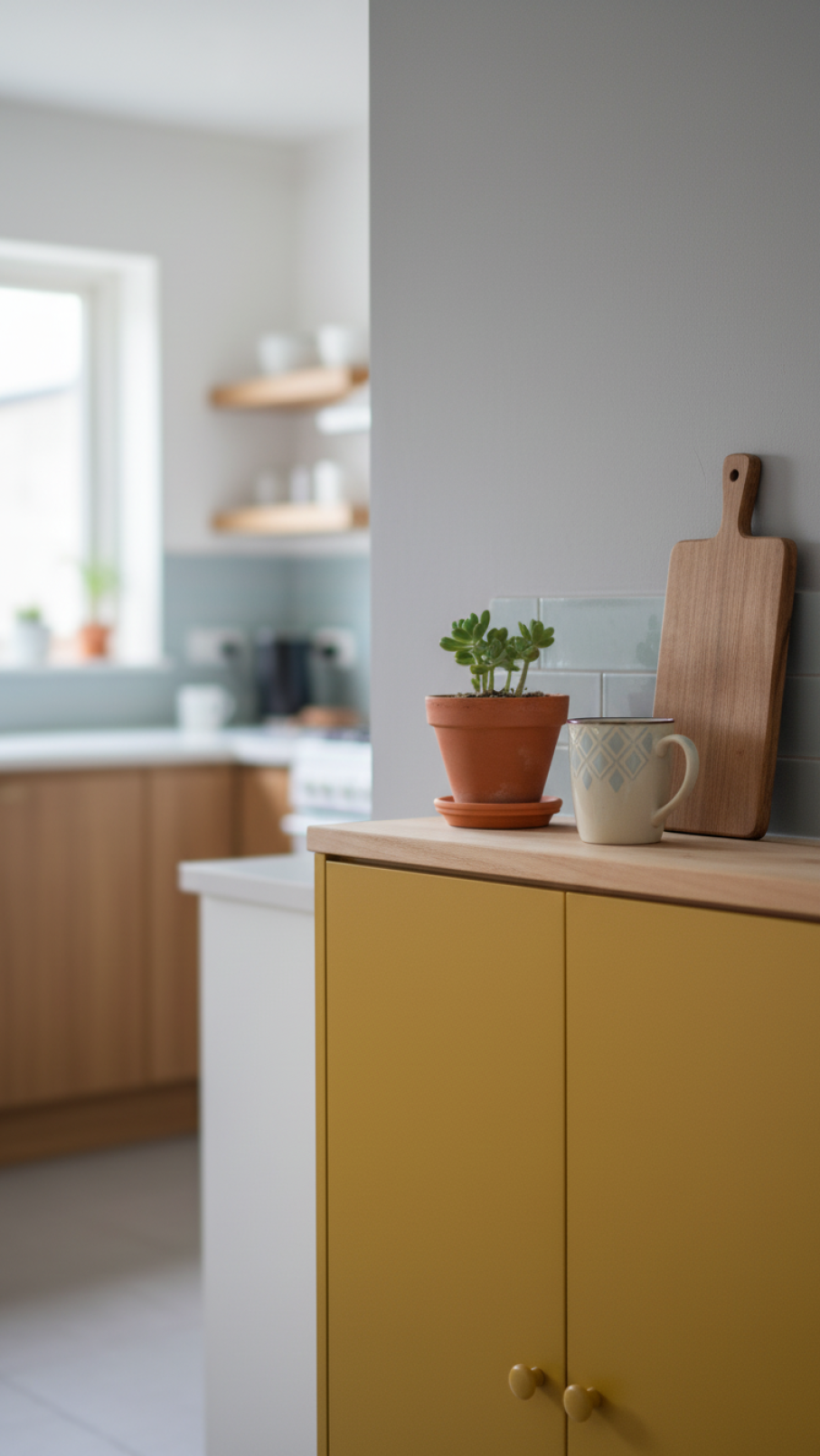 Scandi retro kitchen wall with mustard yellow cabinet accent and soft natural lighting creating Pinterest-worthy minimalist design