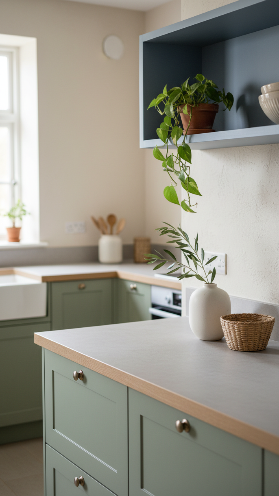 Scandi rustic kitchen featuring muted sage green cabinetry and earthy tones with natural wood accents and soft daylight