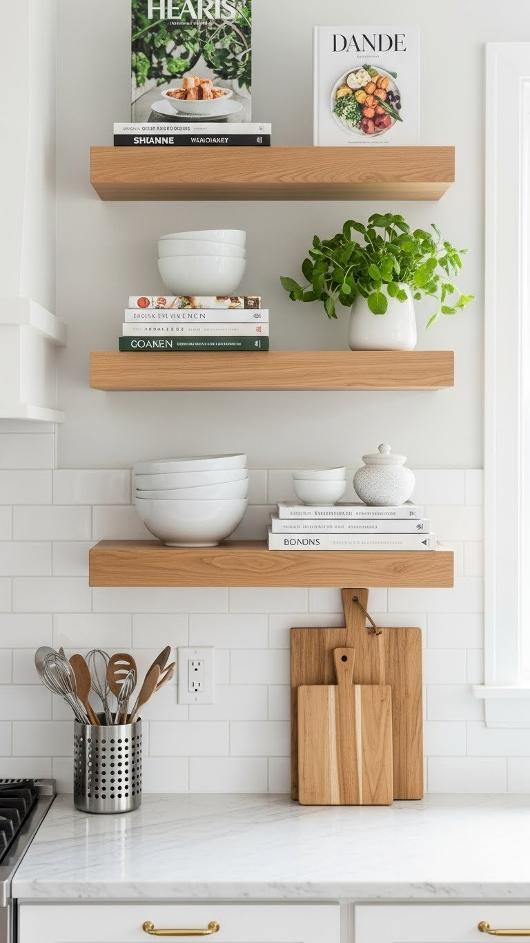 Scandi-style kitchen floating shelves displaying cookbooks and white ceramic bowls with fresh herbs on wood shelves