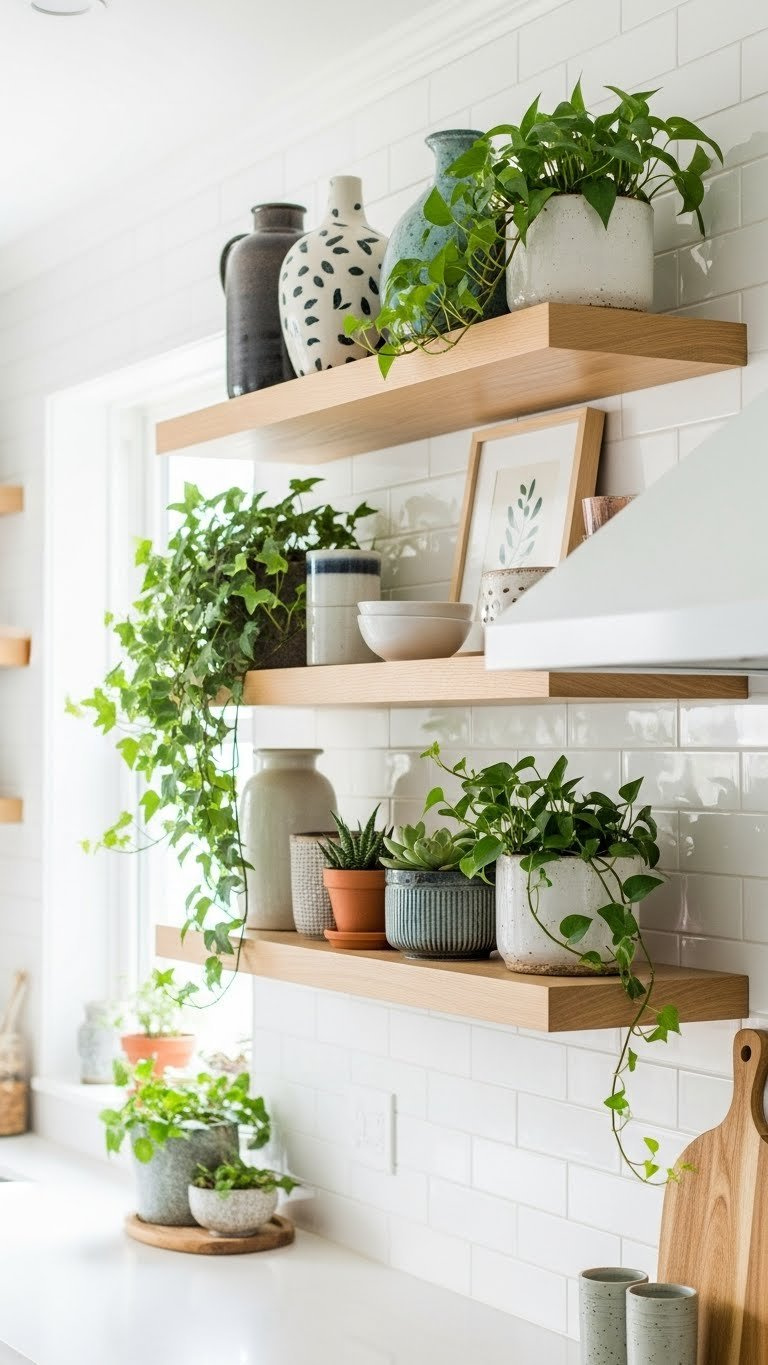 Scandi-style kitchen shelves showcasing abundant greenery and decorative ceramic vases on wood floating shelves