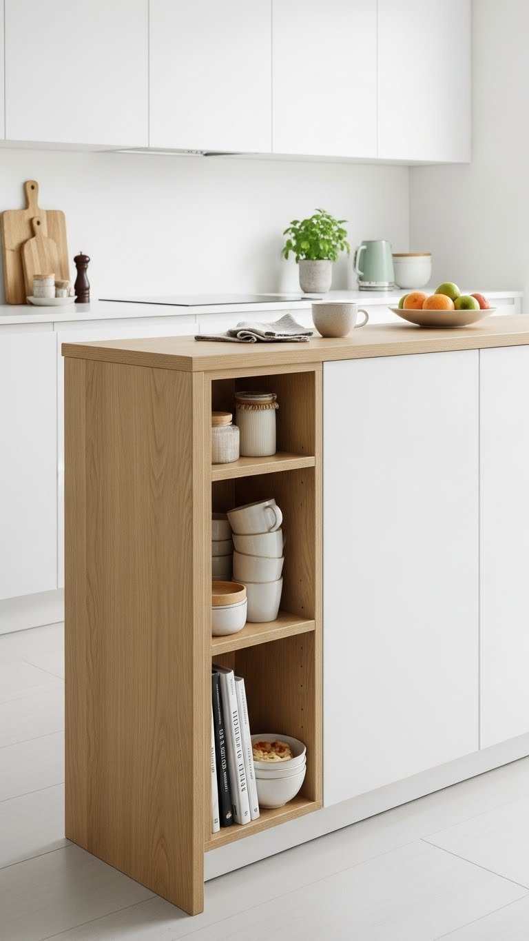 Scandi Kitchen Breakfast Bar: Ultimate Design Guide For Homes 15 Scandinavian breakfast bar with integrated storage shelves and organized kitchen essentials in a bright, functional space.