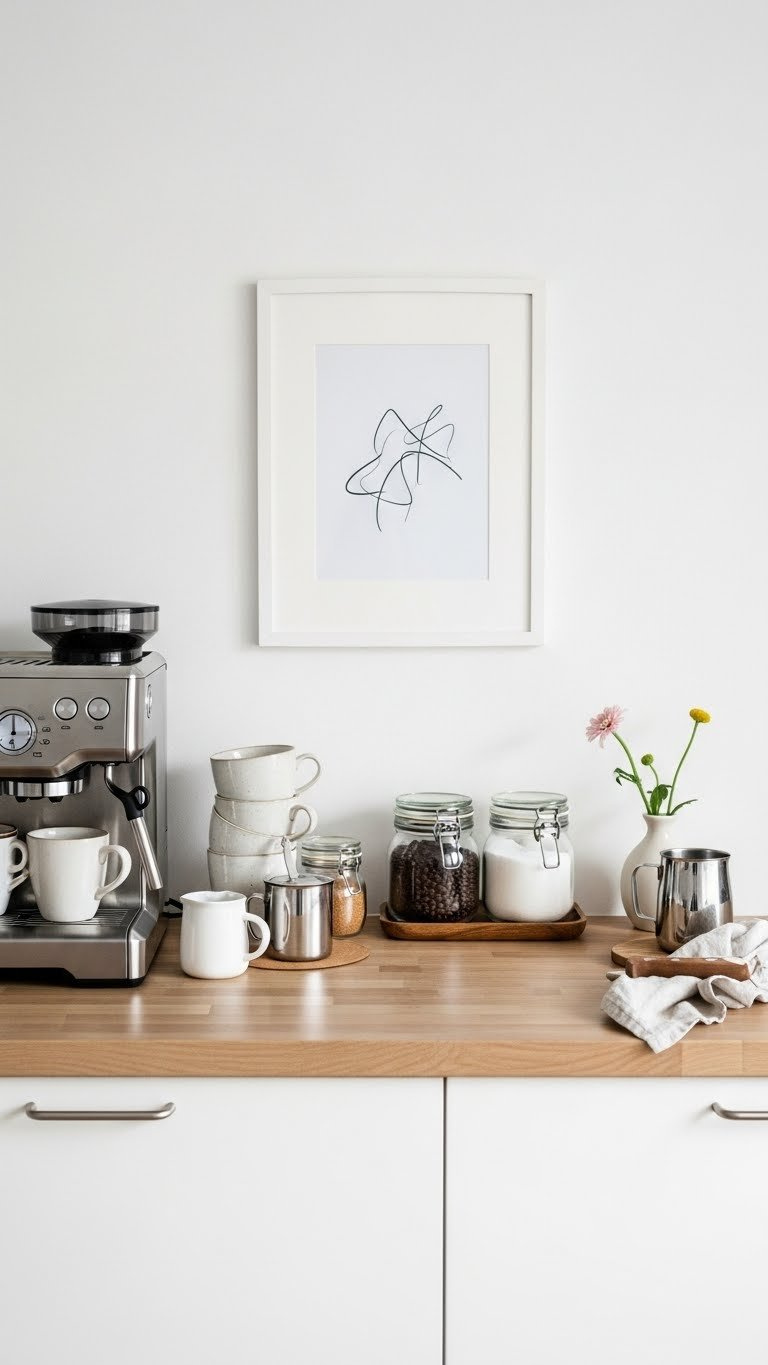 Scandinavian coffee station with minimalist machine and ceramic mugs on light wooden kitchen counter