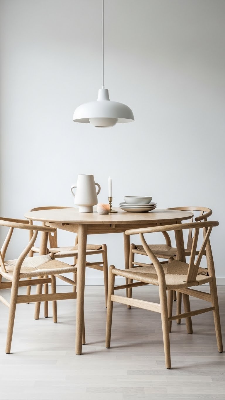 Scandinavian dining area with light oak round table and iconic wishbone chairs under minimalist pendant lamp
