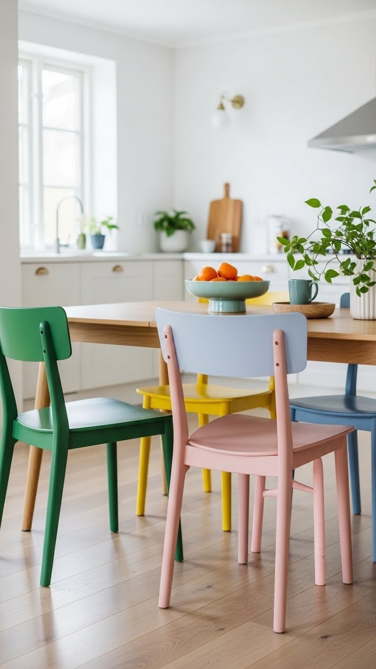 Scandinavian dining area with natural wood table and colorful chairs in forest green, mustard yellow, blue, and pink.
