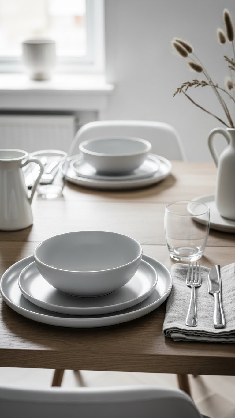 Scandinavian dinnerware place setting with matte white plates on rustic wooden dining table