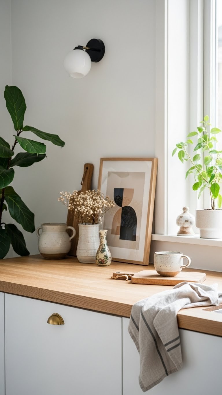 Scandinavian eclectic kitchen countertop with minimalist light wood cabinetry, handcrafted pottery, dried flowers, and soft natural window light creating cozy ambiance