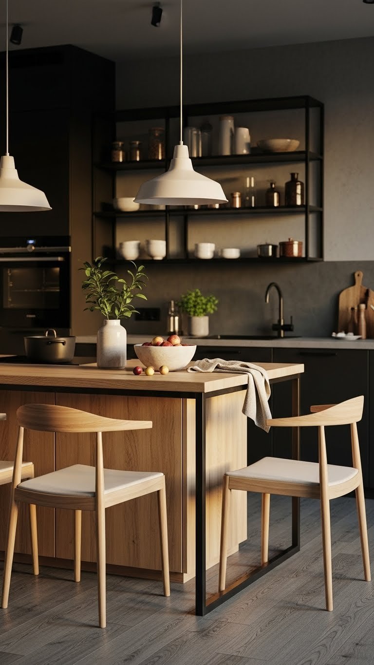 Scandi Industrial Kitchen Design: 9 Proven Ways To Maximize Style 3 Scandinavian industrial kitchen island with natural wood table and minimalist chairs against dark metal shelving