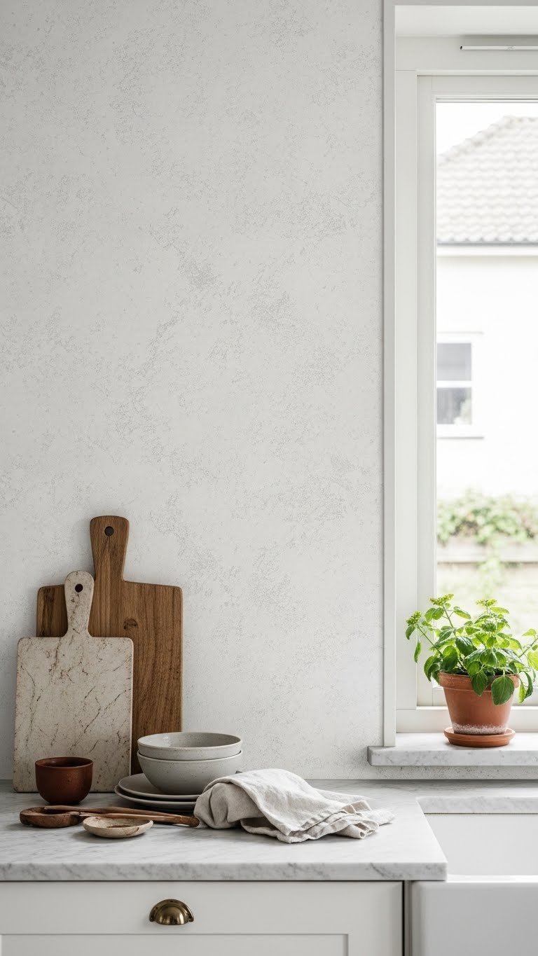 Scandinavian kitchen accent wall featuring textured organic plaster finish in warm off-white hue