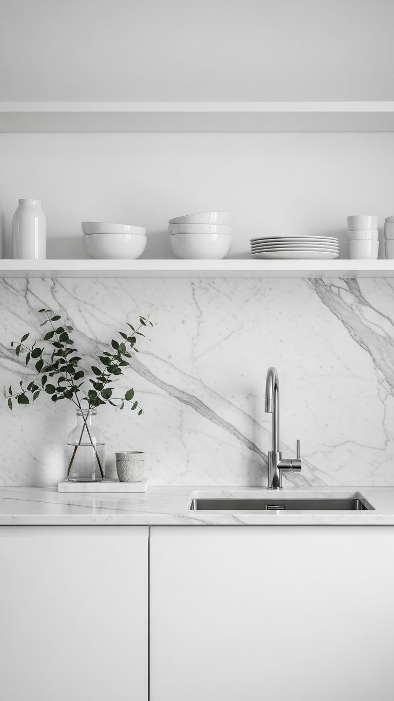 Scandinavian kitchen backsplash with continuous white marble slab extending to floating open shelving in minimalist design