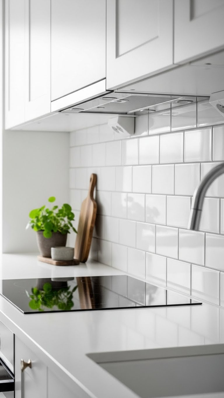 Scandinavian kitchen backsplash with white subway tiles and light grey grout behind minimalist stovetop area with green plant and cutting board