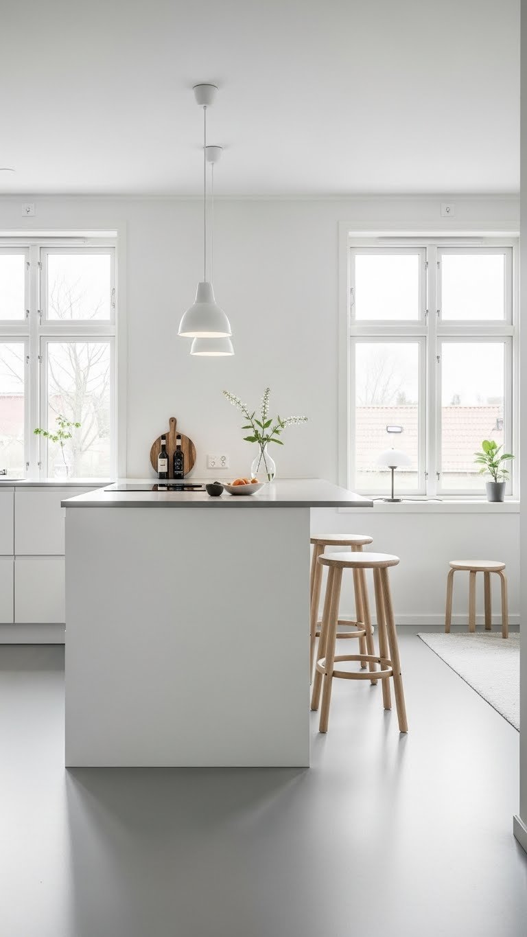 Scandinavian kitchen bathed in natural light with minimalist pendant lighting over island against light grey porcelain tile flooring.