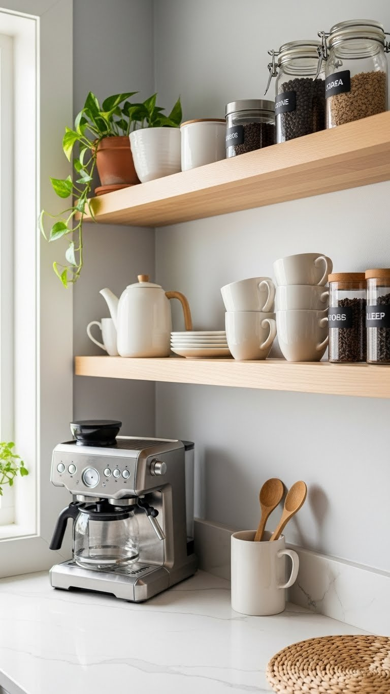 Scandinavian kitchen coffee station with minimalist coffee maker and ceramic teapot on light wood floating shelves against gray wall