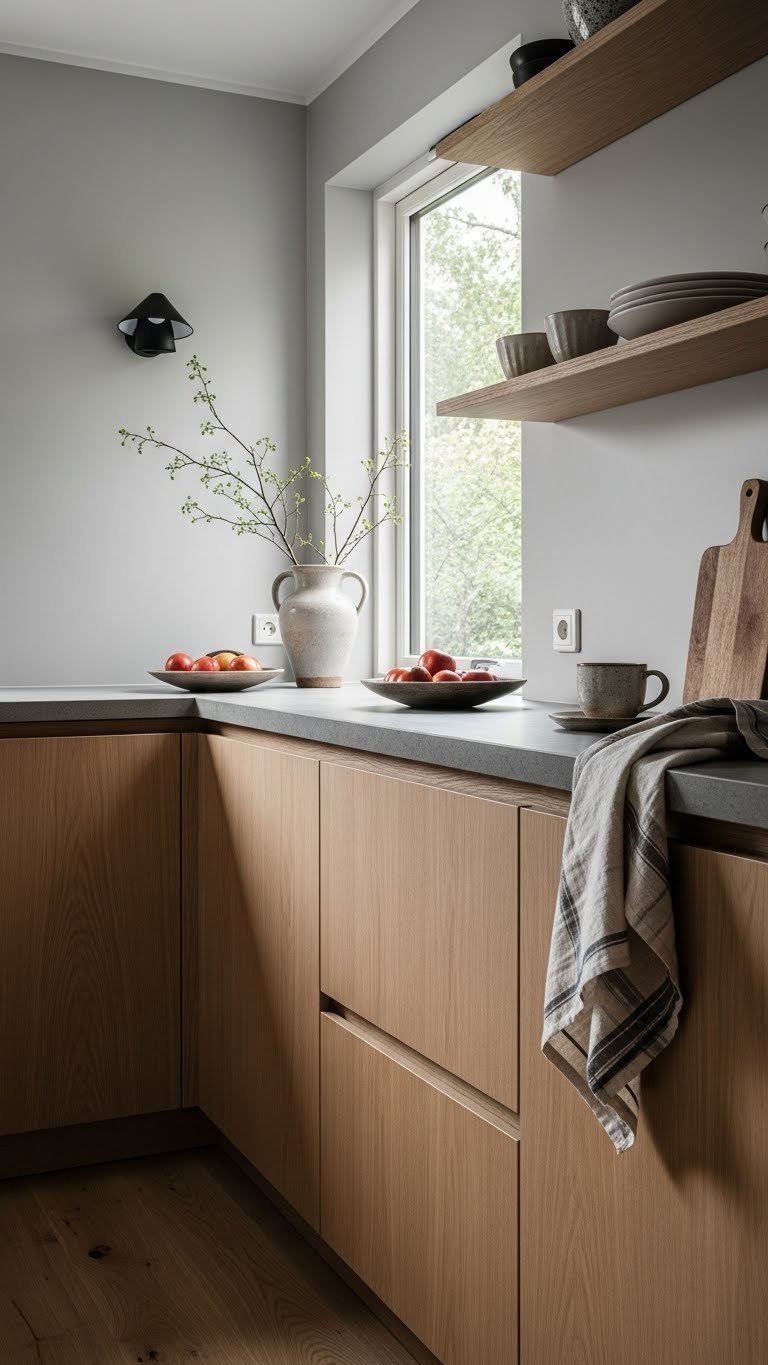 Scandinavian kitchen corner showcasing natural materials like warm oak flooring, concrete countertop, and exposed plywood shelving
