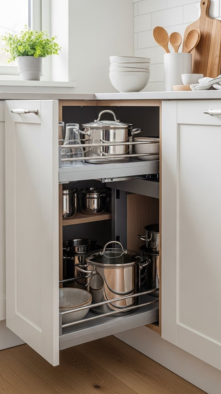 Scandinavian kitchen corner storage solutions showing pull-out unit with organized pots and pans in light wood cabinetry