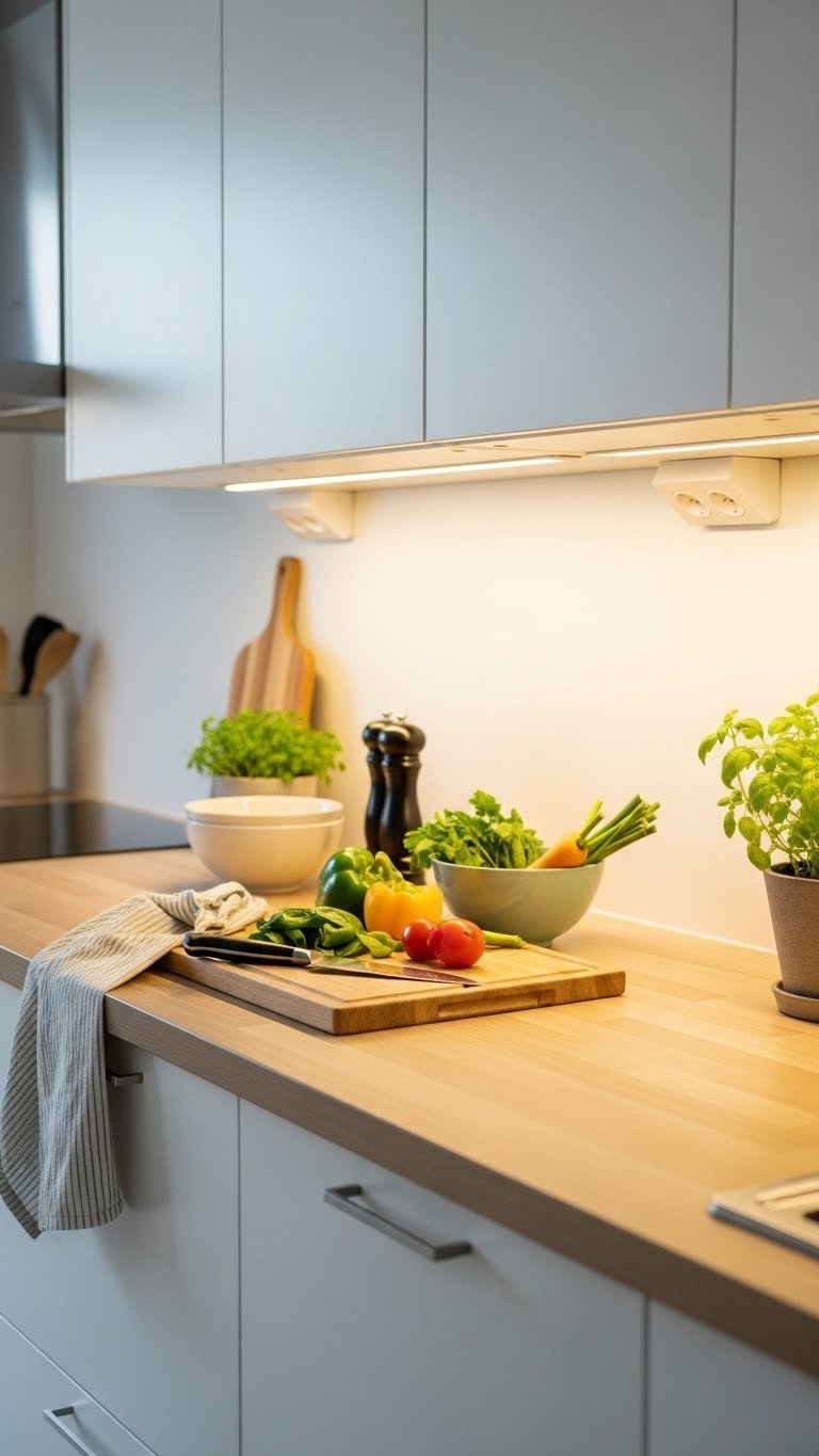 Scandinavian kitchen countertop with under-cabinet LED task lighting illuminating cutting board and fresh ingredients