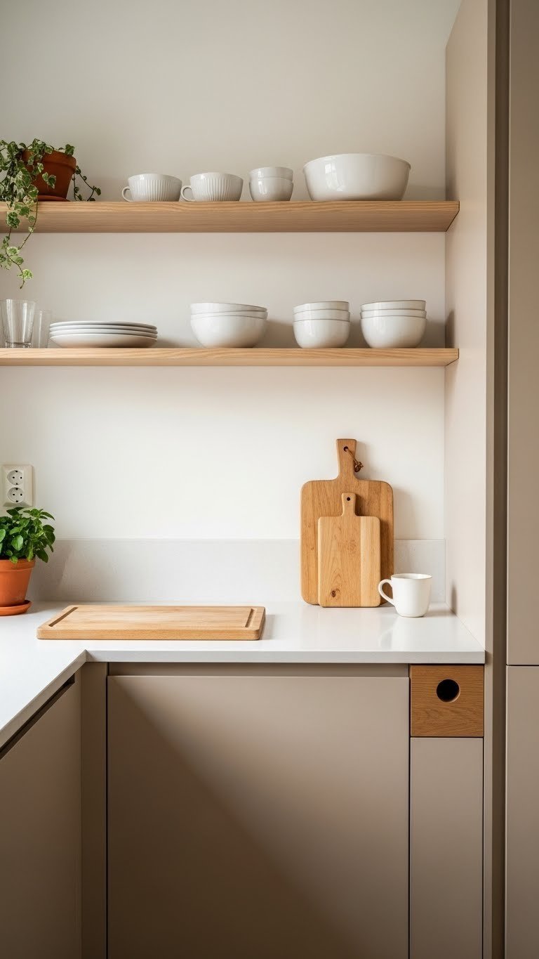 Scandinavian kitchen design with blonde wood open shelving, pale wood cutting board on creamy beige countertop