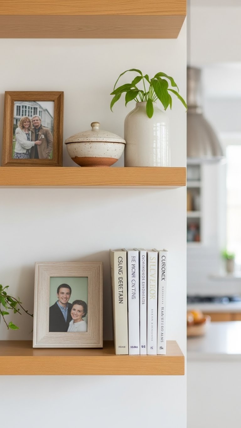 Scandinavian kitchen display shelves with personal touches including framed photo, travel ceramic, and cookbooks
