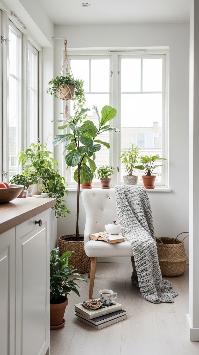 Scandinavian kitchen enhanced with greenery and varied textures including plants, woven basket, and ceramic dinnerware
