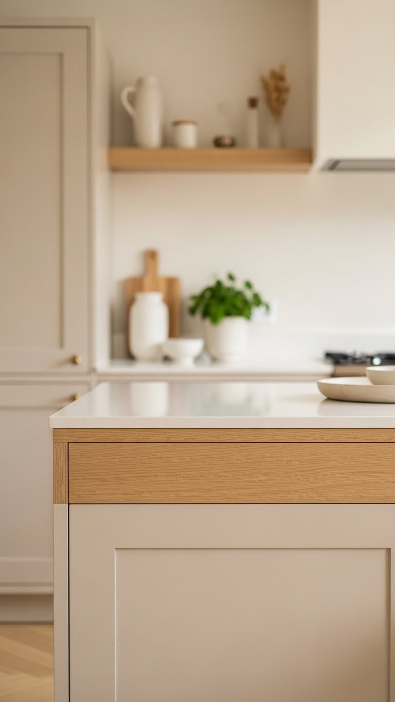 Scandinavian kitchen featuring beige cabinetry with warm natural wood accents and soft natural lighting