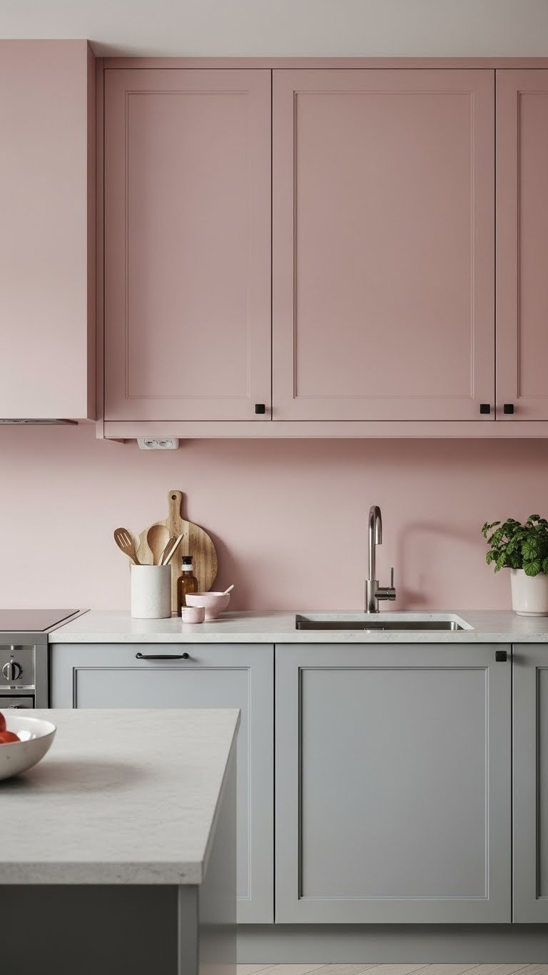 Scandinavian kitchen featuring dusty pink and grey color blend with sophisticated contrast