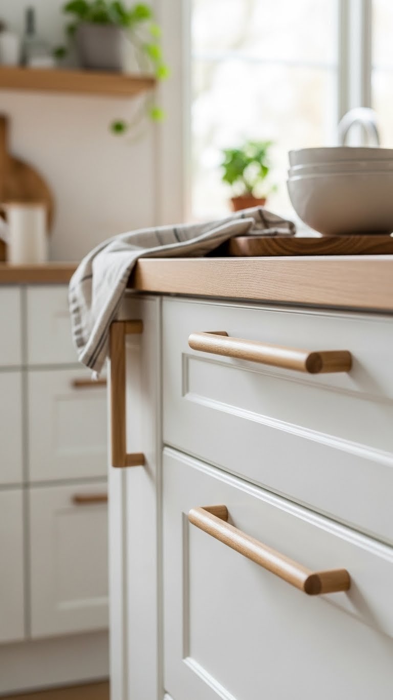 Scandinavian kitchen featuring light-toned wooden knobs and pulls on white shaker-style cabinets with soft natural lighting