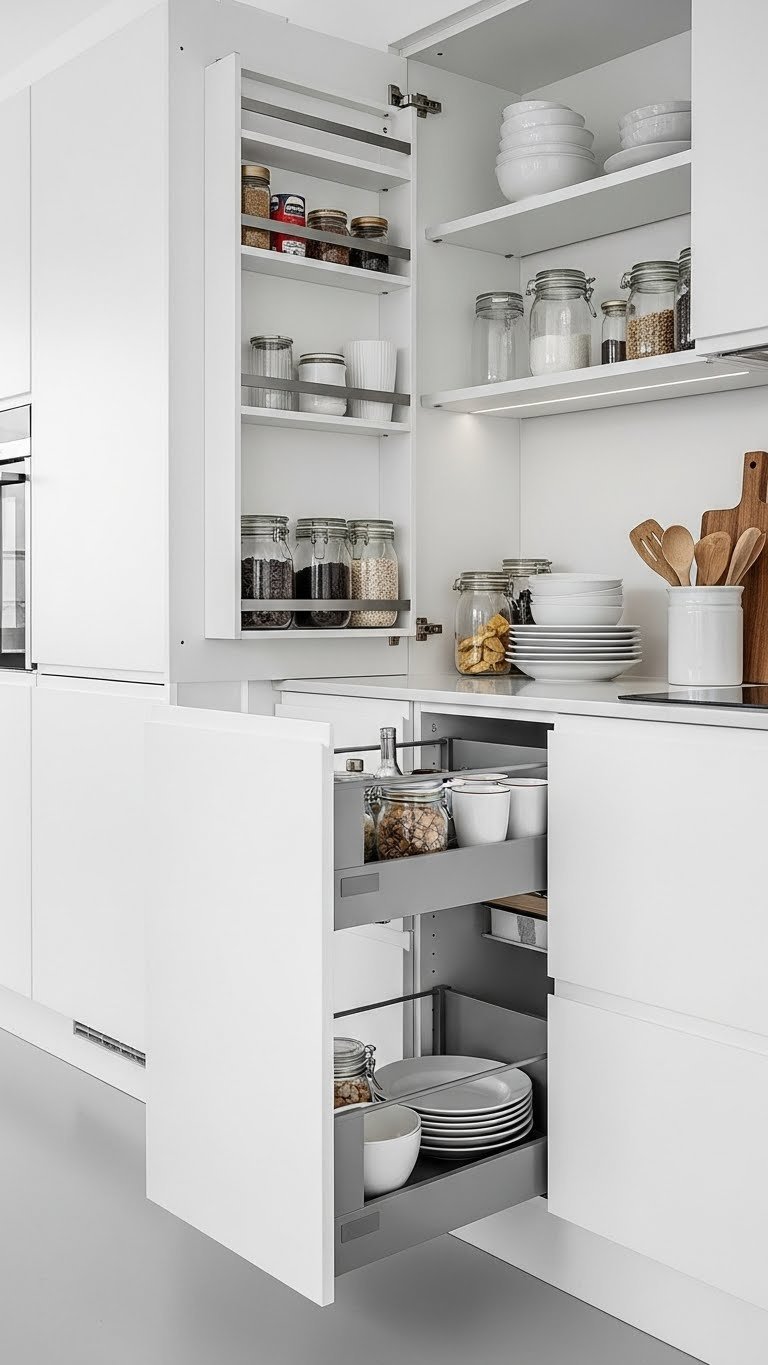 Scandinavian kitchen featuring organized storage solutions with pull-out drawers and minimalist shelves against light grey flooring.