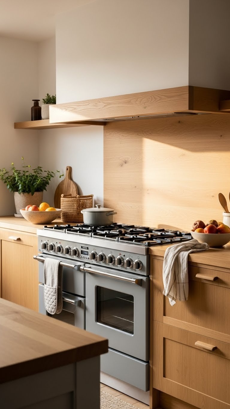 Scandinavian kitchen featuring stainless steel range cooker harmoniously integrated with warm natural wood cabinetry.