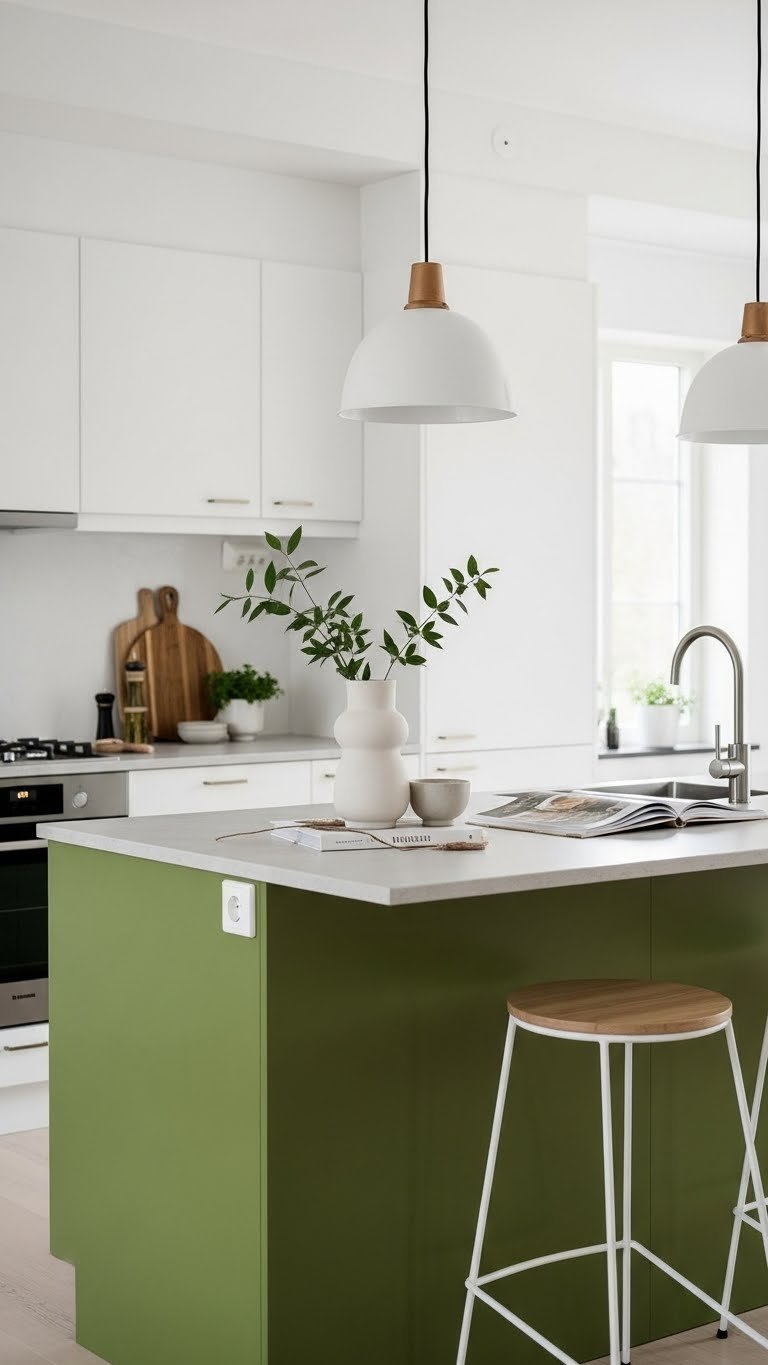 Scandinavian kitchen featuring striking green island with integrated seating against white minimalist backdrop
