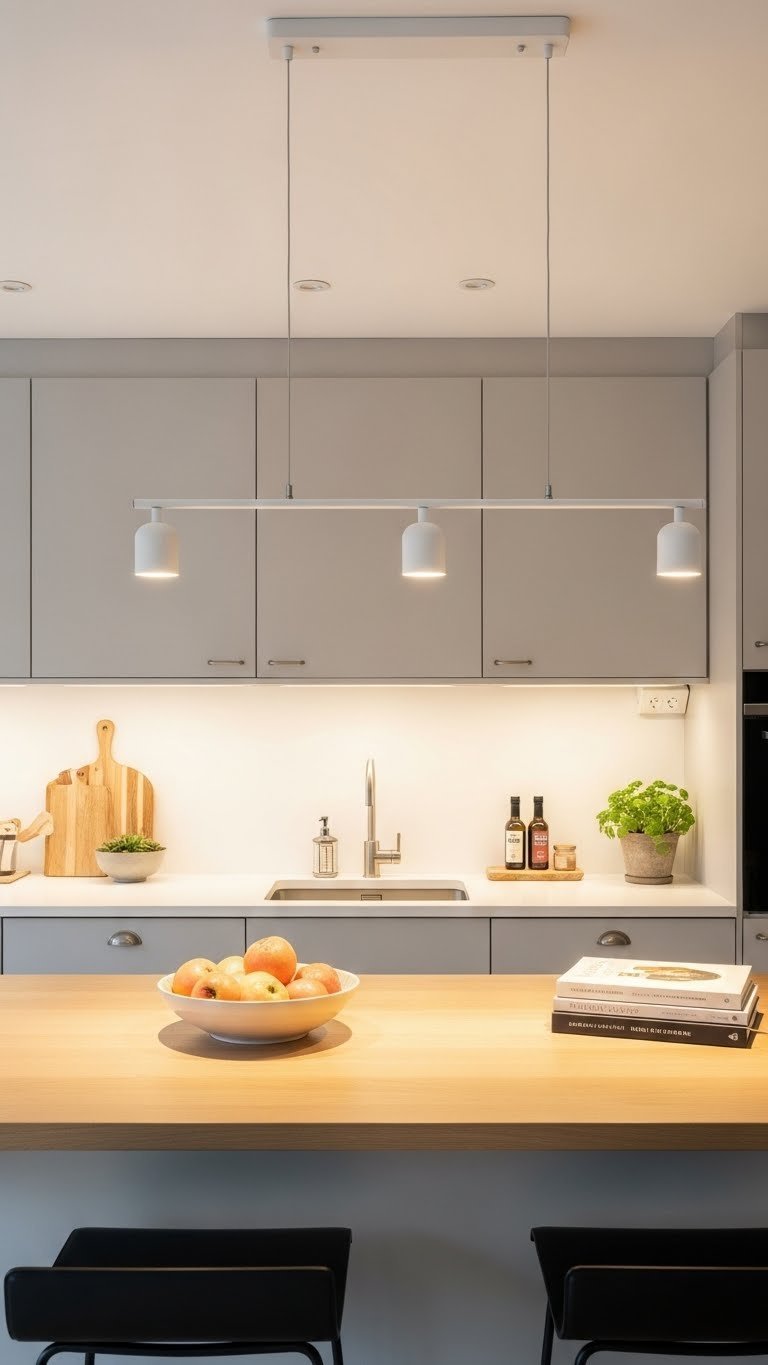 Scandinavian kitchen featuring thoughtful lighting with pendant lights, recessed spotlights, and under-cabinet LED strips