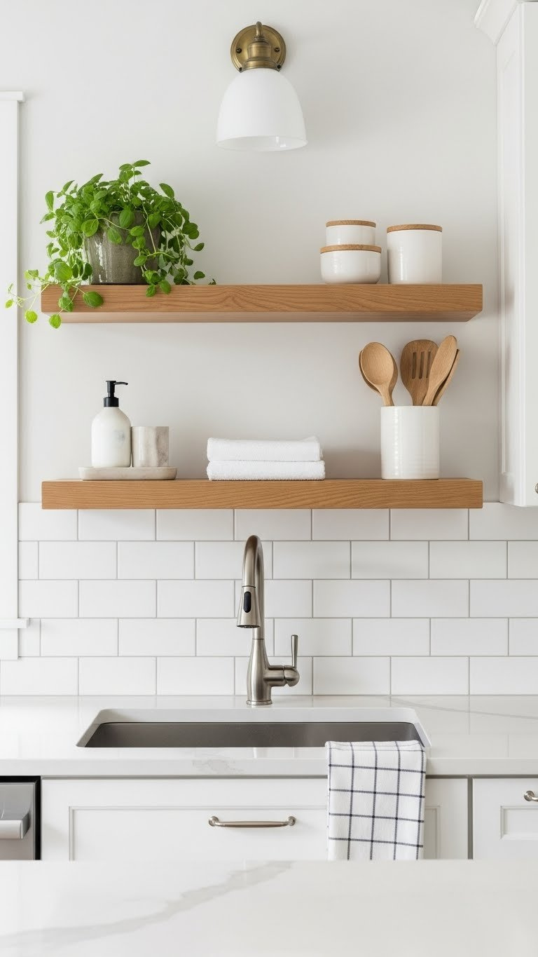 Scandinavian kitchen floating shelves above sink with potted herb plant and soap dispenser on wood shelves