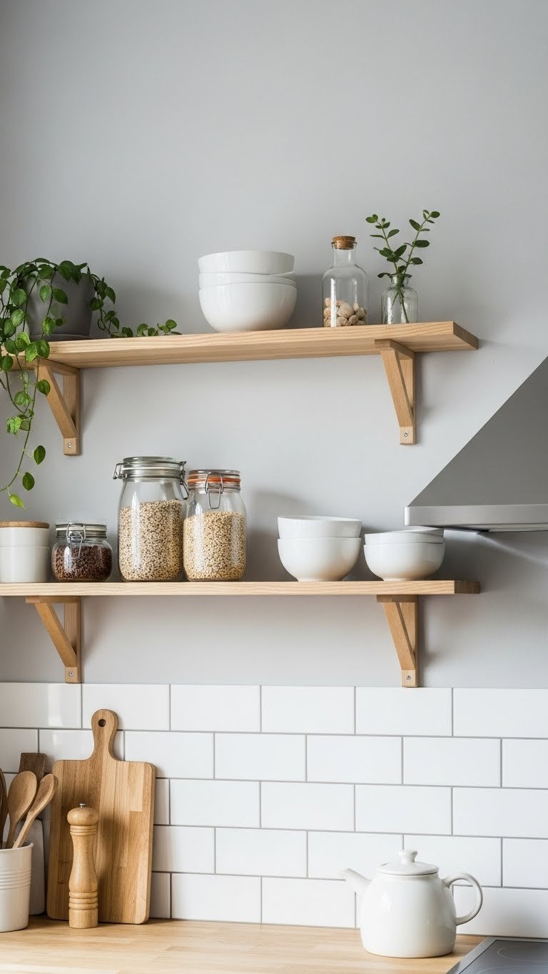 Scandinavian kitchen floating wooden shelves displaying white ceramic bowls, glass jars, and small plant on light gray wall