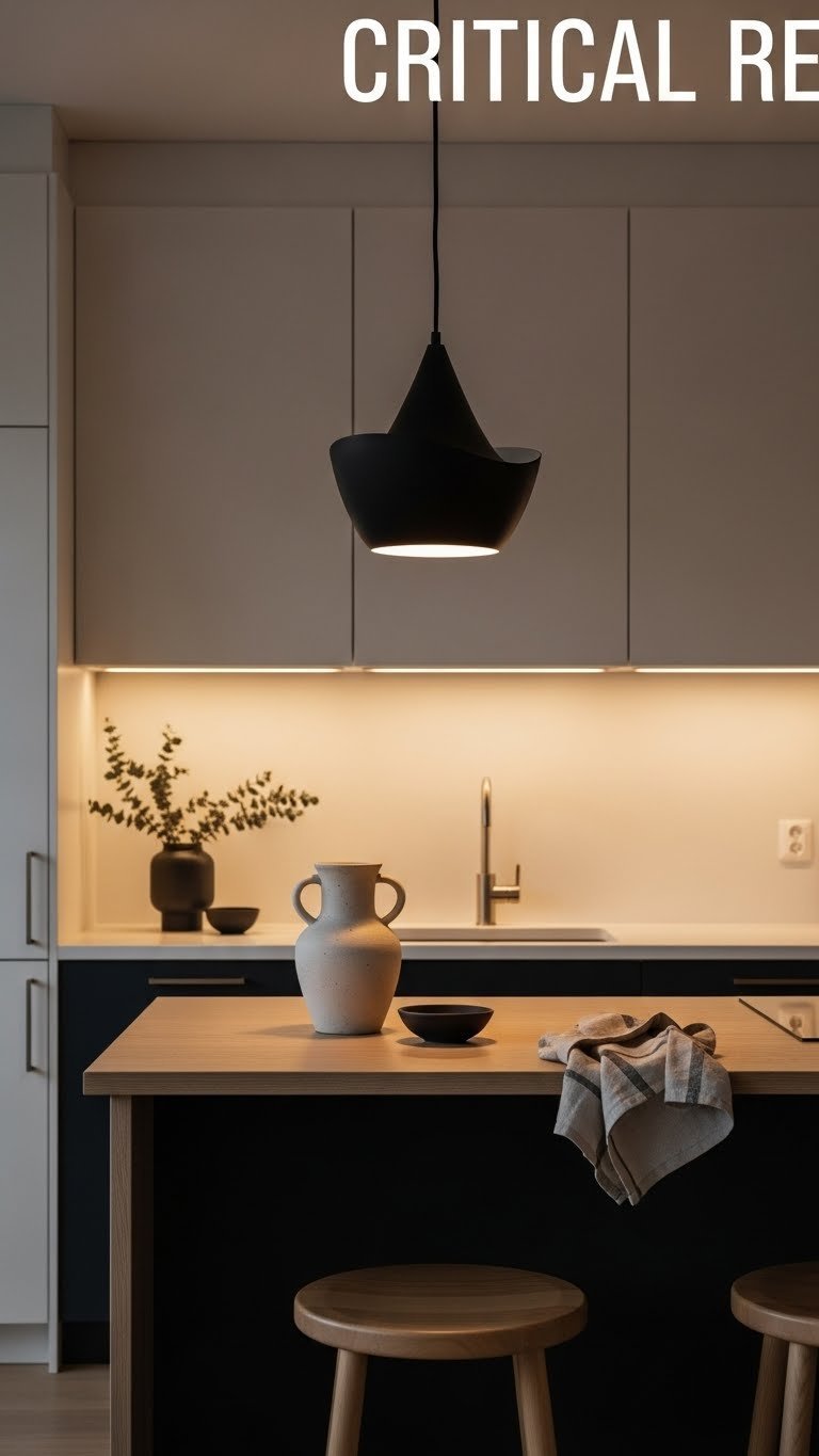 Scandinavian kitchen illuminated by discreet recessed lighting and sculptural matte black pendant light