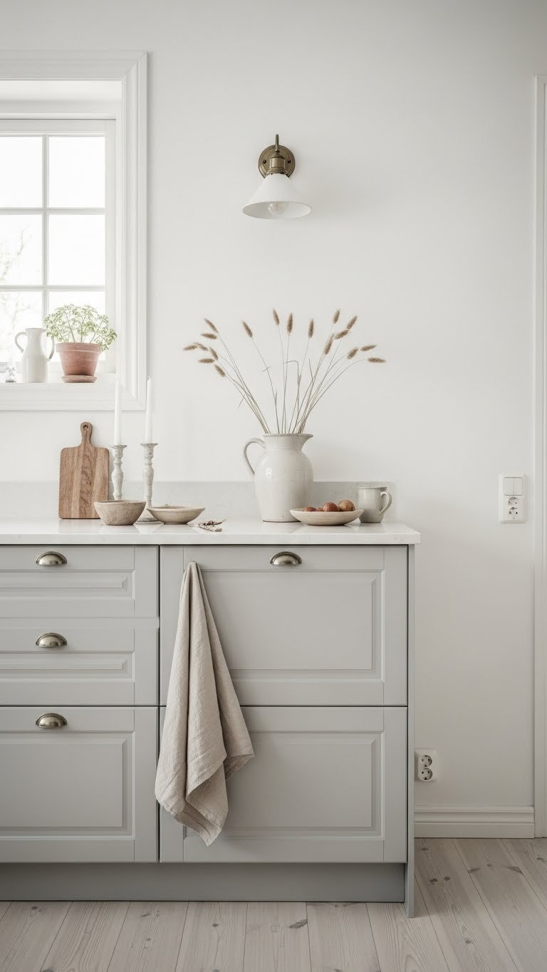 Scandinavian kitchen in light neutral palette with soft white walls, light gray cabinets, and pale wood flooring