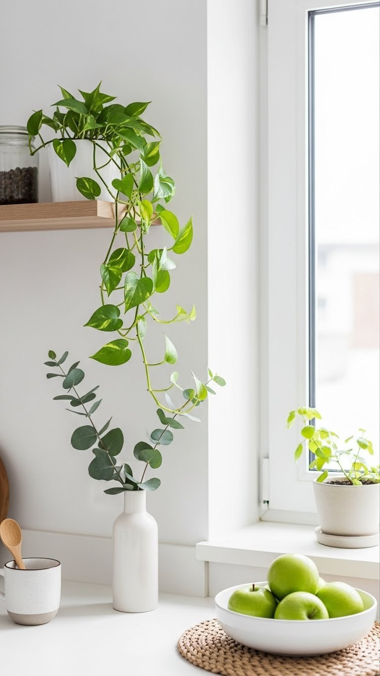 Scandinavian kitchen integrated with biophilic elements including Pothos plant and eucalyptus branches