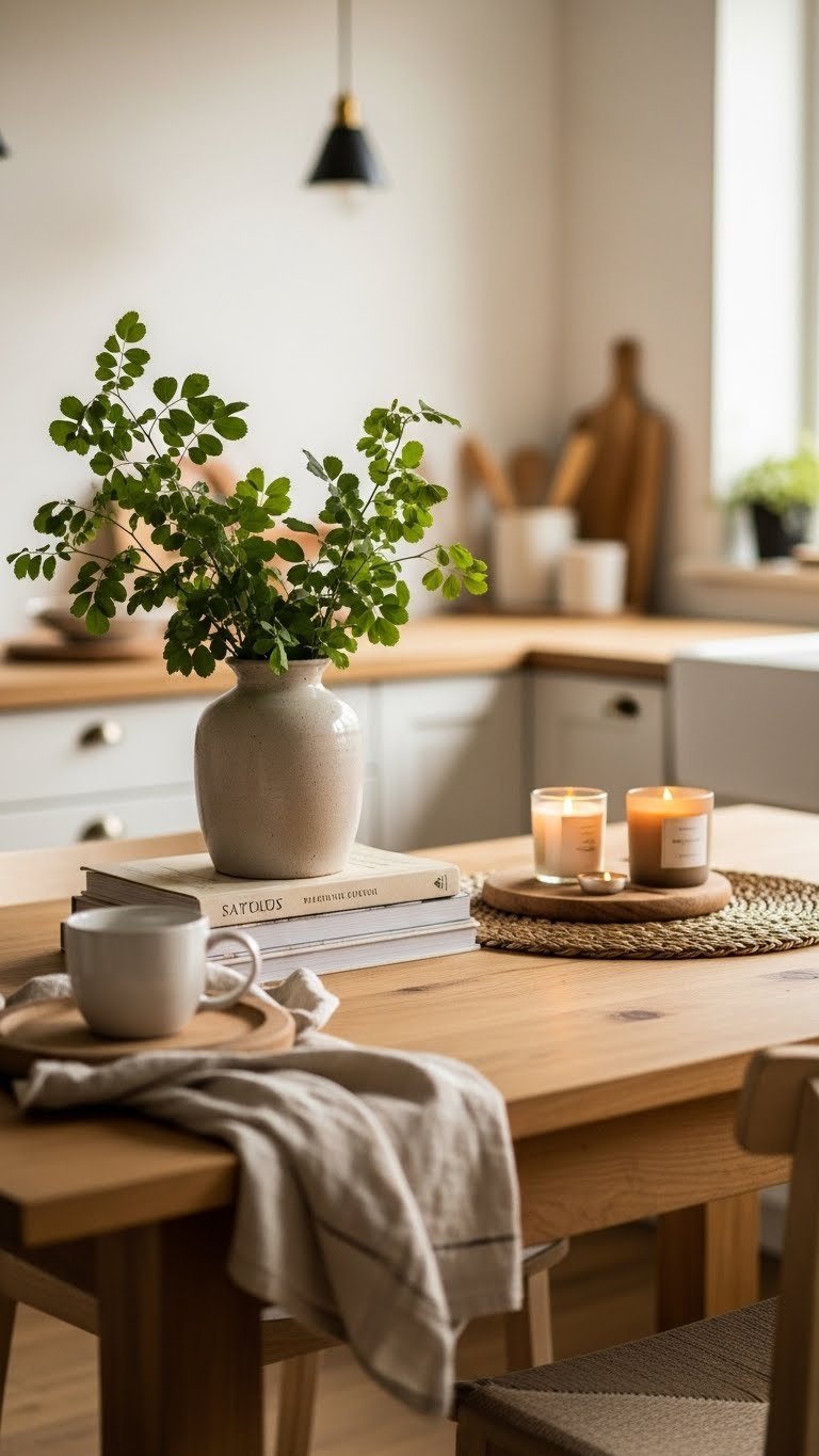 Scandinavian kitchen island styled for hygge with natural elements, ceramic vase, cookbooks, and cozy warm lighting