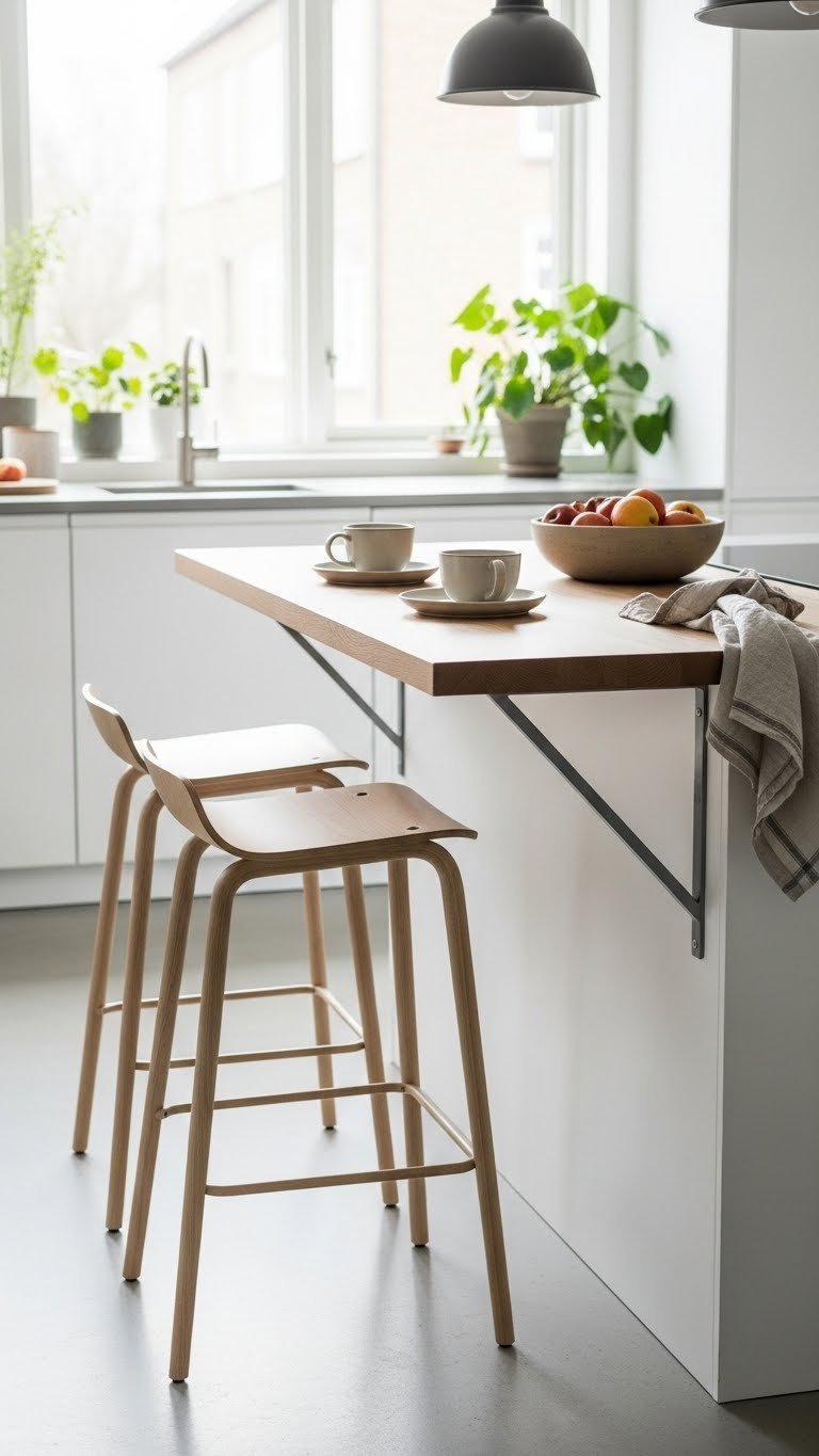 Scandinavian kitchen island with wooden breakfast bar and two minimalist bar stools in cozy natural window lighting