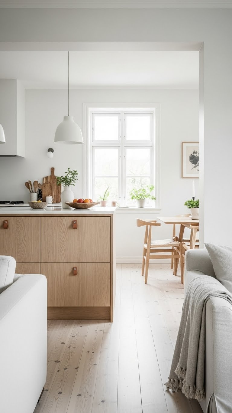 Scandinavian kitchen living. Light wood, off-white, pine floor, plants. Bright, minimalist Nordic.
