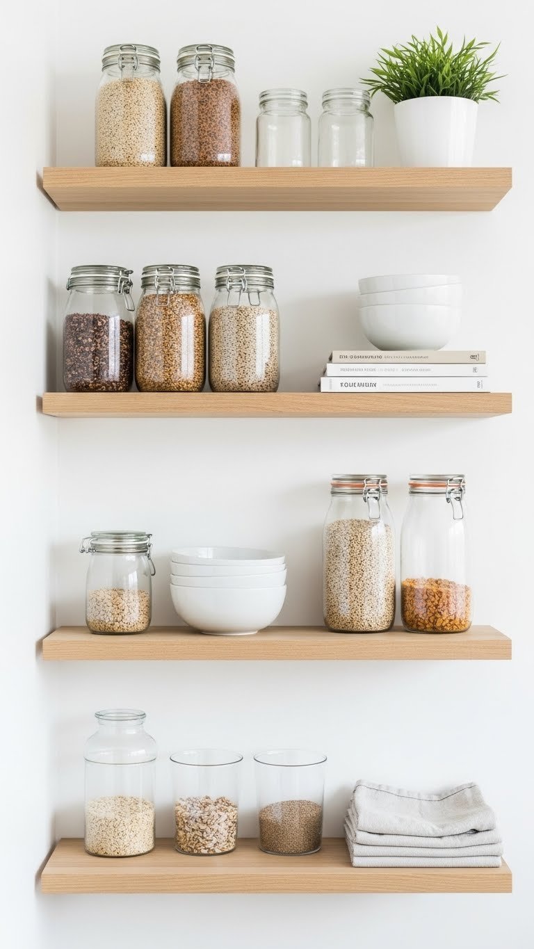 Scandinavian kitchen pantry with elegant open wood shelving displaying glass jars, ceramic bowls, and minimalist decor against white backdrop