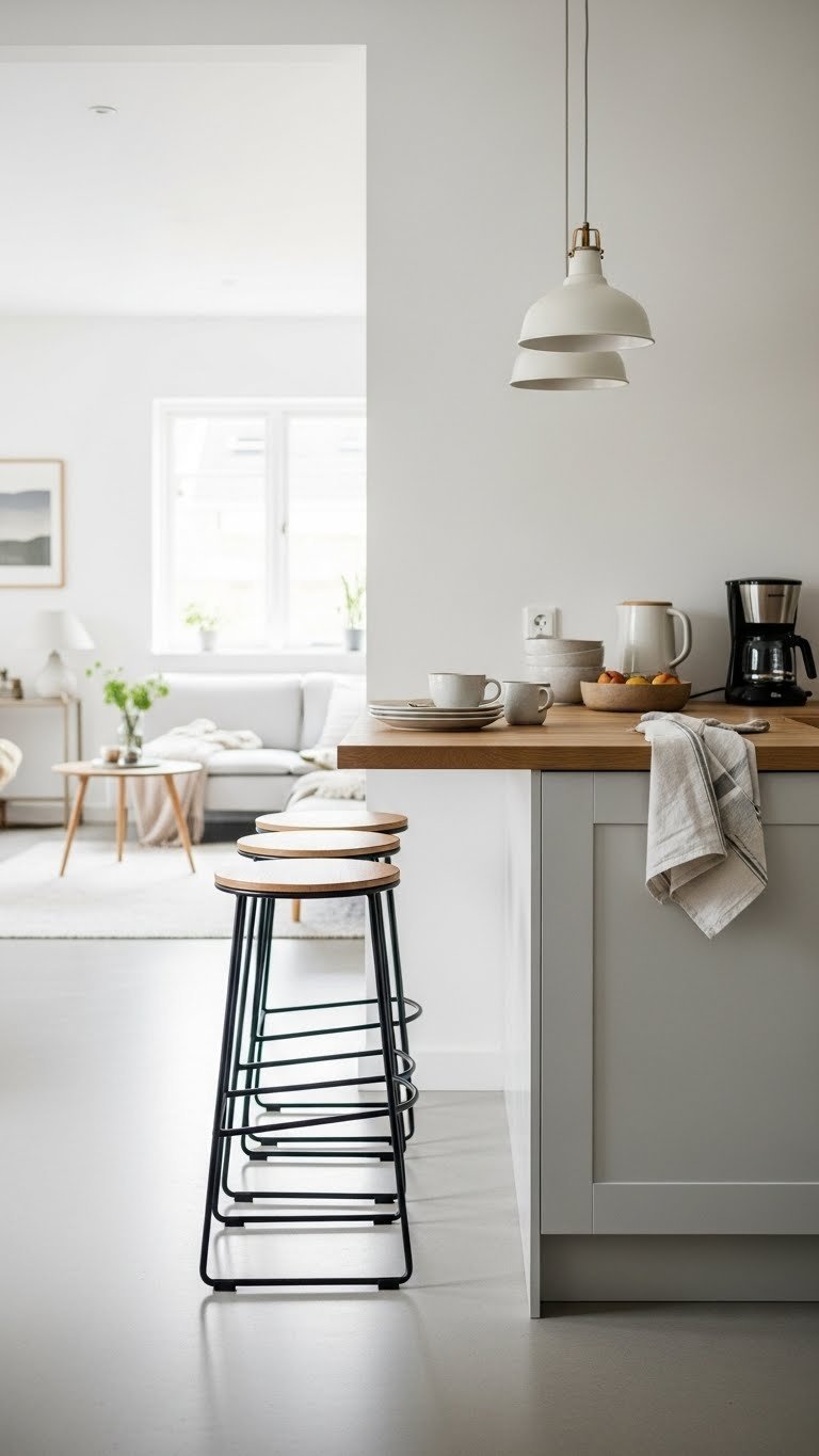 Scandi Kitchen Breakfast Bar: Ultimate Design Guide For Homes 4 Scandinavian kitchen peninsula with breakfast bar and modern bar stools in an open-plan living space with polished concrete floors.