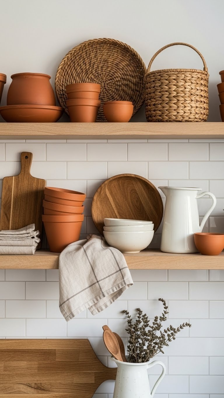 Scandinavian kitchen shelves displaying terracotta pots, woven baskets, and linen textiles in warm golden hour light with textured white brick backdrop