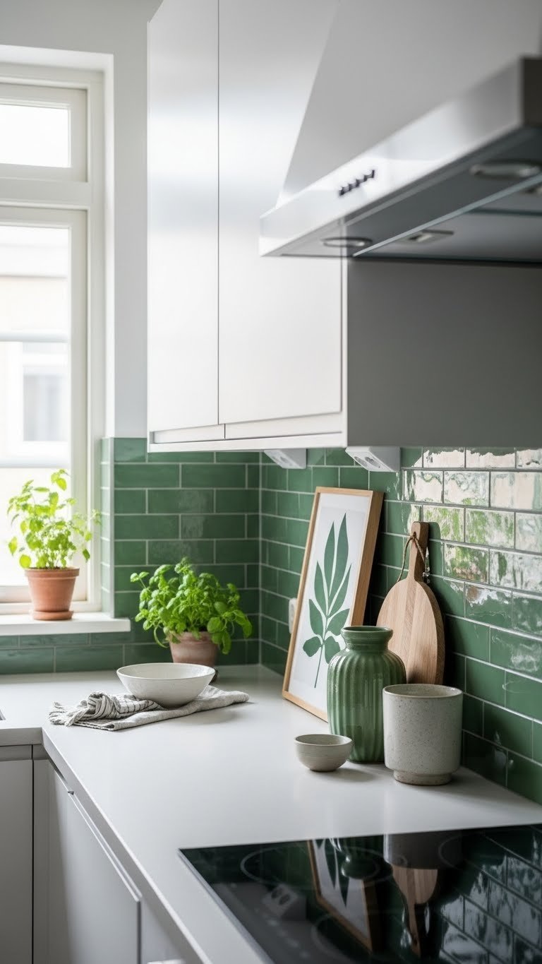 Scandinavian kitchen showcasing elegant green subway tile backsplash with curated minimalist decorative details