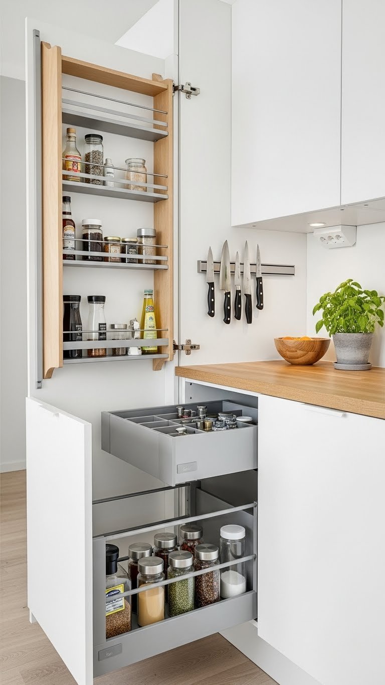 Scandinavian kitchen showcasing optimized storage solutions with drawer organizers and magnetic knife strip