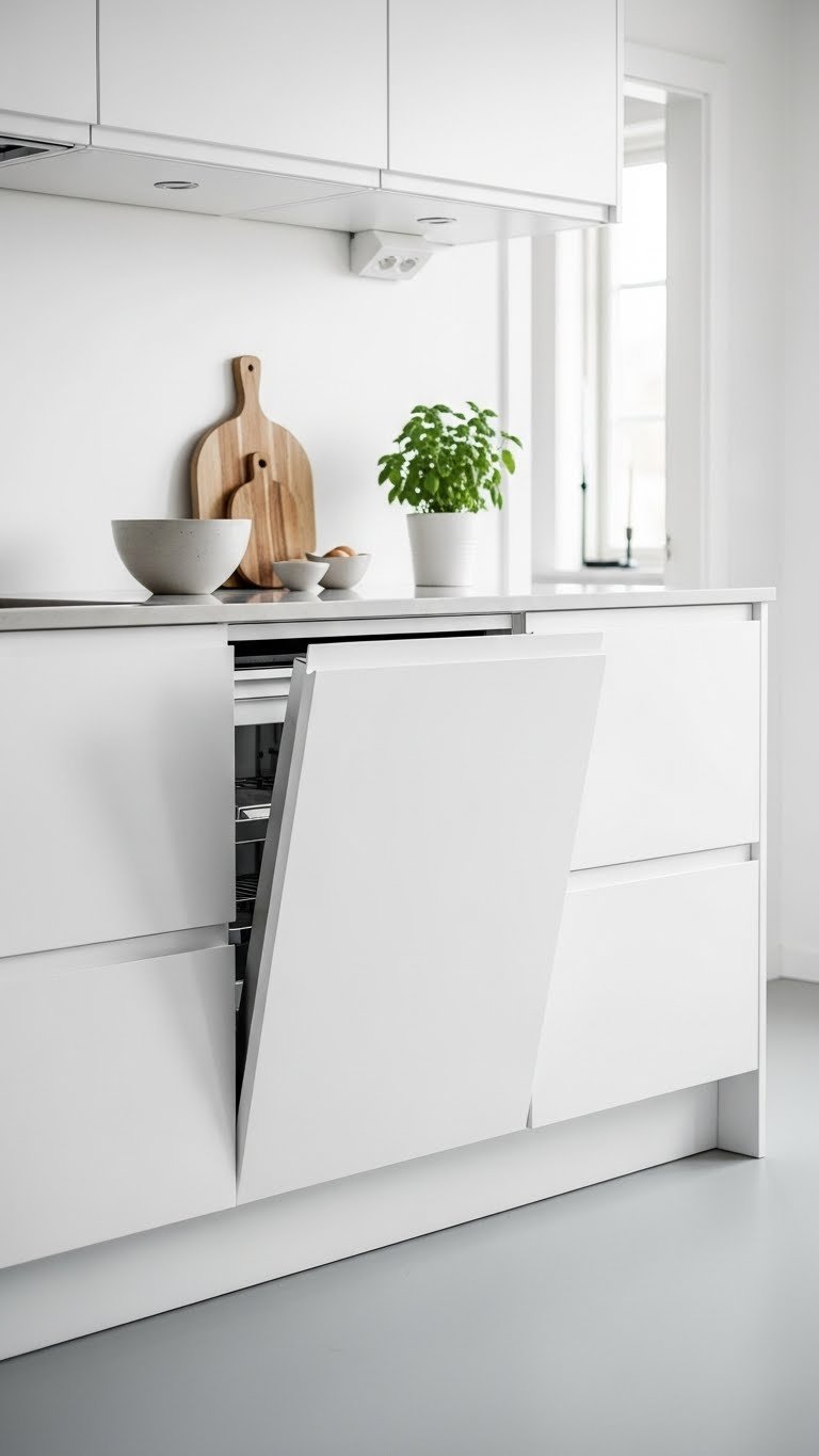 Scandinavian kitchen showcasing seamless integrated appliances blending with white cabinetry against light grey minimalist flooring.