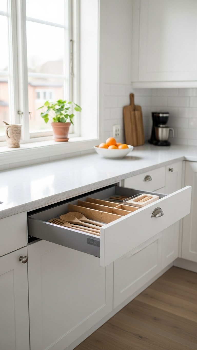 Scandinavian kitchen with abundant natural light illuminating white marble countertop and smart storage solutions