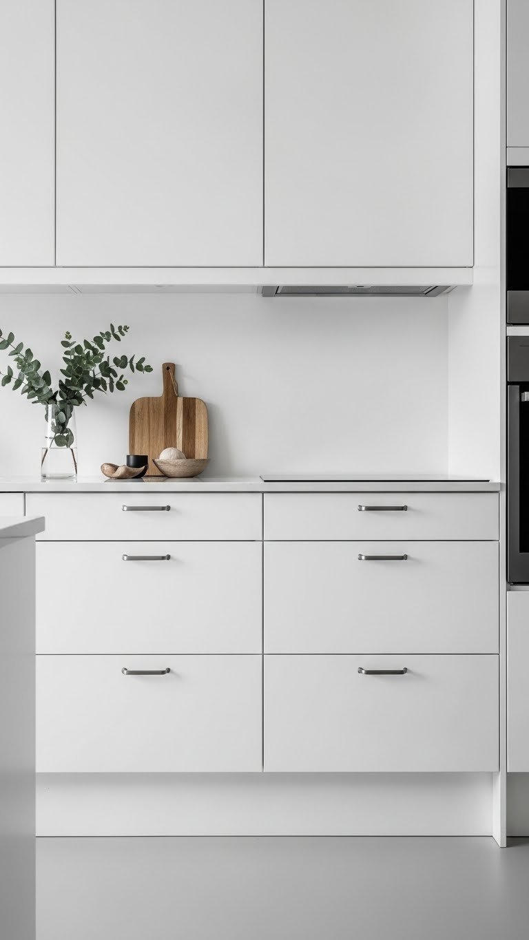 Scandinavian kitchen with crisp white flat-panel cabinets and light grey floor featuring eucalyptus sprig and wooden cutting board details.