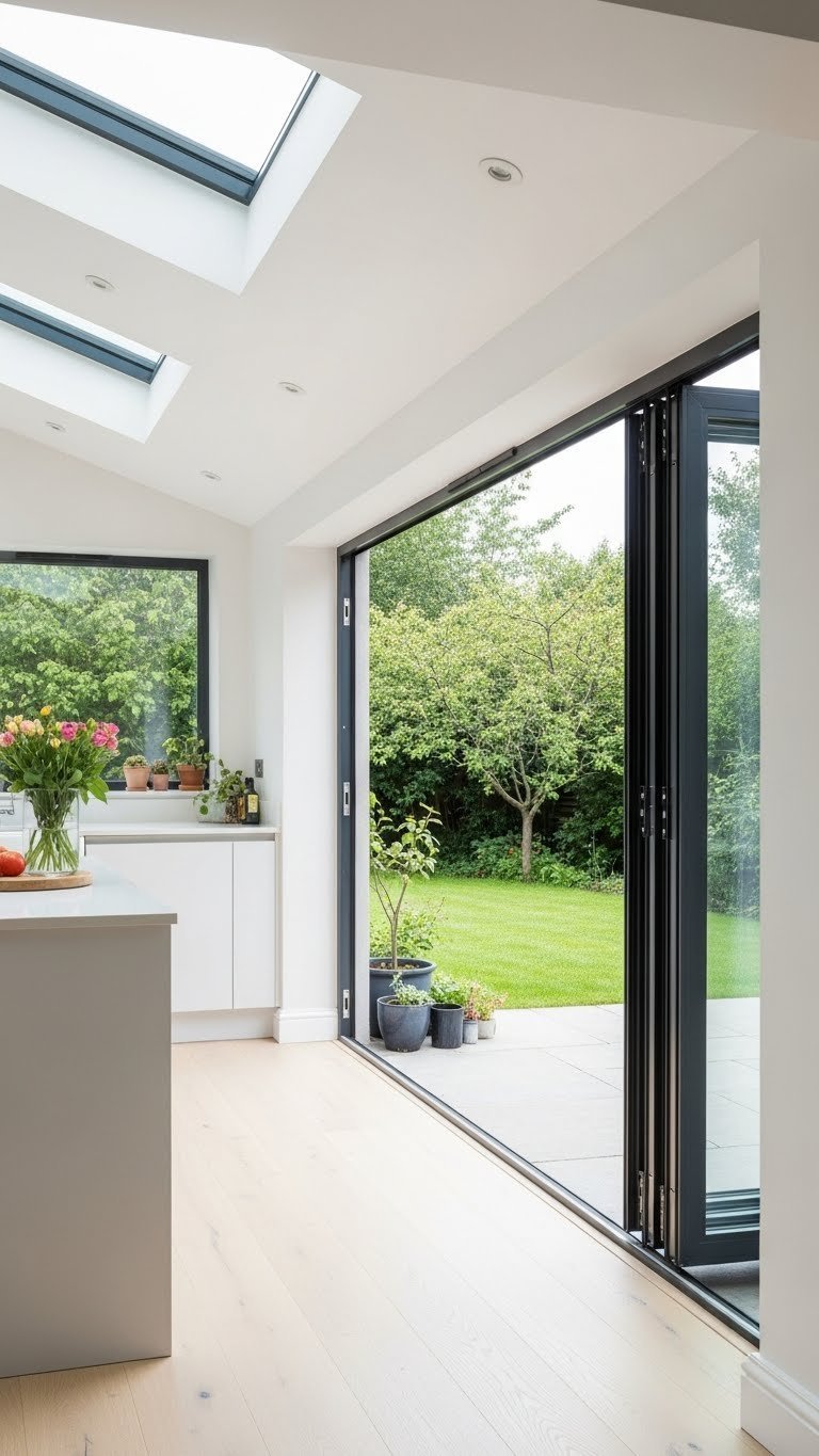 Scandinavian kitchen with dark bi-fold doors opening to lush garden, featuring light wood floors and minimalist kitchen island in natural daylight